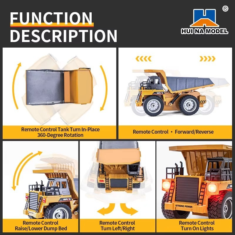 Huina 1533 - 1:18 RC Dump Truck 2.4GHz 9CH Alloy Tipping Construction Vehicle with Full Function Remote Control & LED Lights