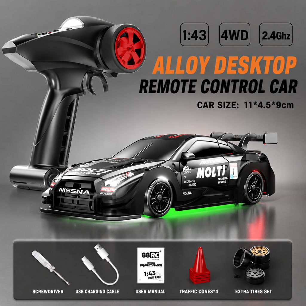 88RC GT43 - 1:43 Scale Semi-Alloy RC Drift Car with 2.4GHz Remote Control, 4WD High-Speed Racing Car, Rechargeable Battery, Ready-to-Run Remote Control Toy for Kids & Adults