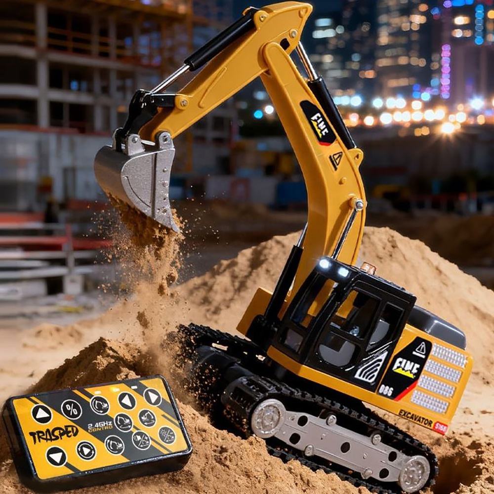 TRASPED - 1:64 Scale Mini RC Excavator | 2.4GHz Remote & App Controlled Engineering Vehicle with Alloy Bucket, 270° Rotation, LED Lights, Sound Effects & Rechargeable Battery | Age 6+