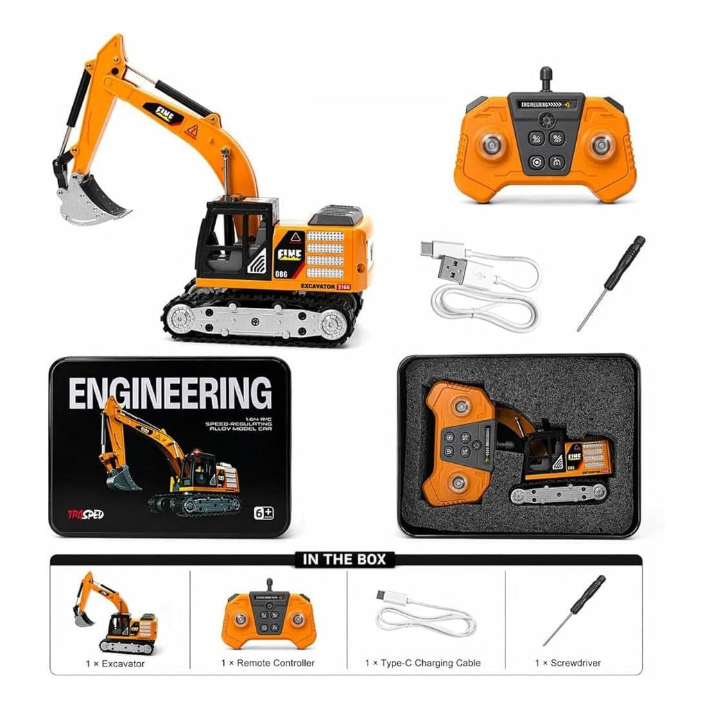 TRASPED - 1:64 Scale Mini RC Excavator | 2.4GHz Remote & App Controlled Engineering Vehicle with Alloy Bucket, 270° Rotation, LED Lights, Sound Effects & Rechargeable Battery | Age 6+
