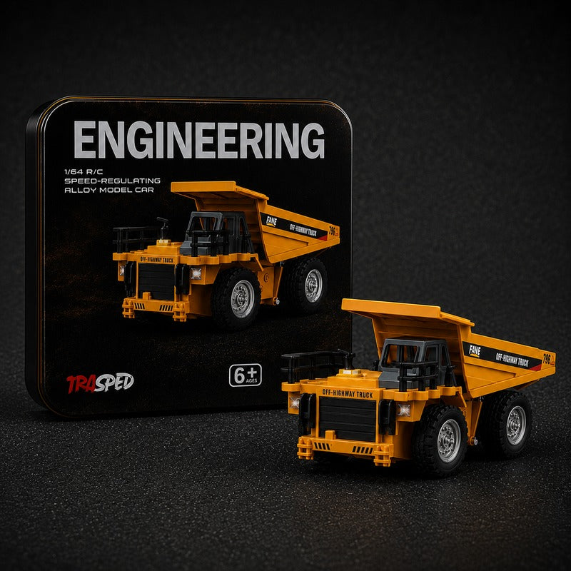 TRASPED - 1:64 Scale Mini RC Alloy Dump Truck | 2.4GHz Remote & App Controlled Off-Highway Engineering Vehicle with Functional Dump Bed, LED Lights, Sound Effects & Rechargeable Battery | Age 6+