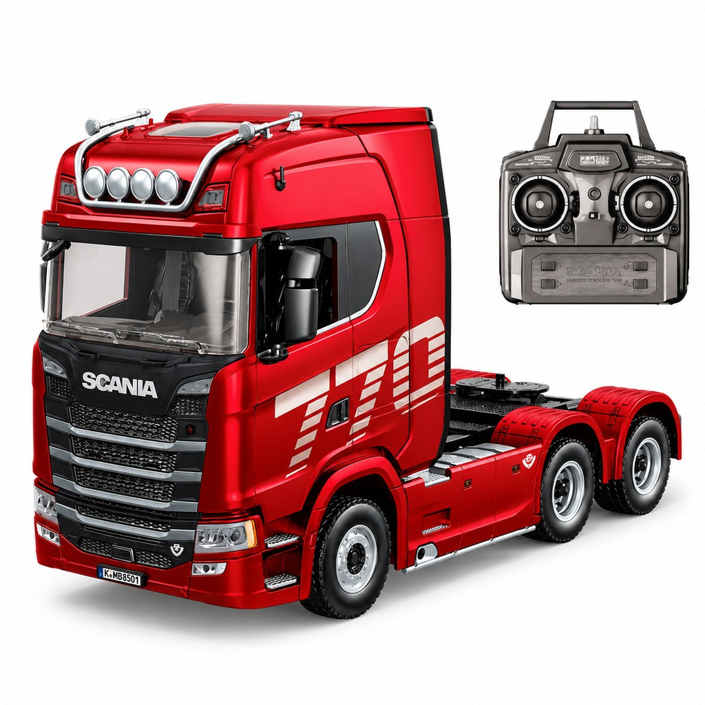 Huina 1501 Officially Licensed Scania 770S 1:18 Scale 19CH RC Tractor Truck with Huina 1502 Electric Flatbed Semi Trailer, 2.4GHz Full Proportional Remote Control, RTR, LED Lights & Sound