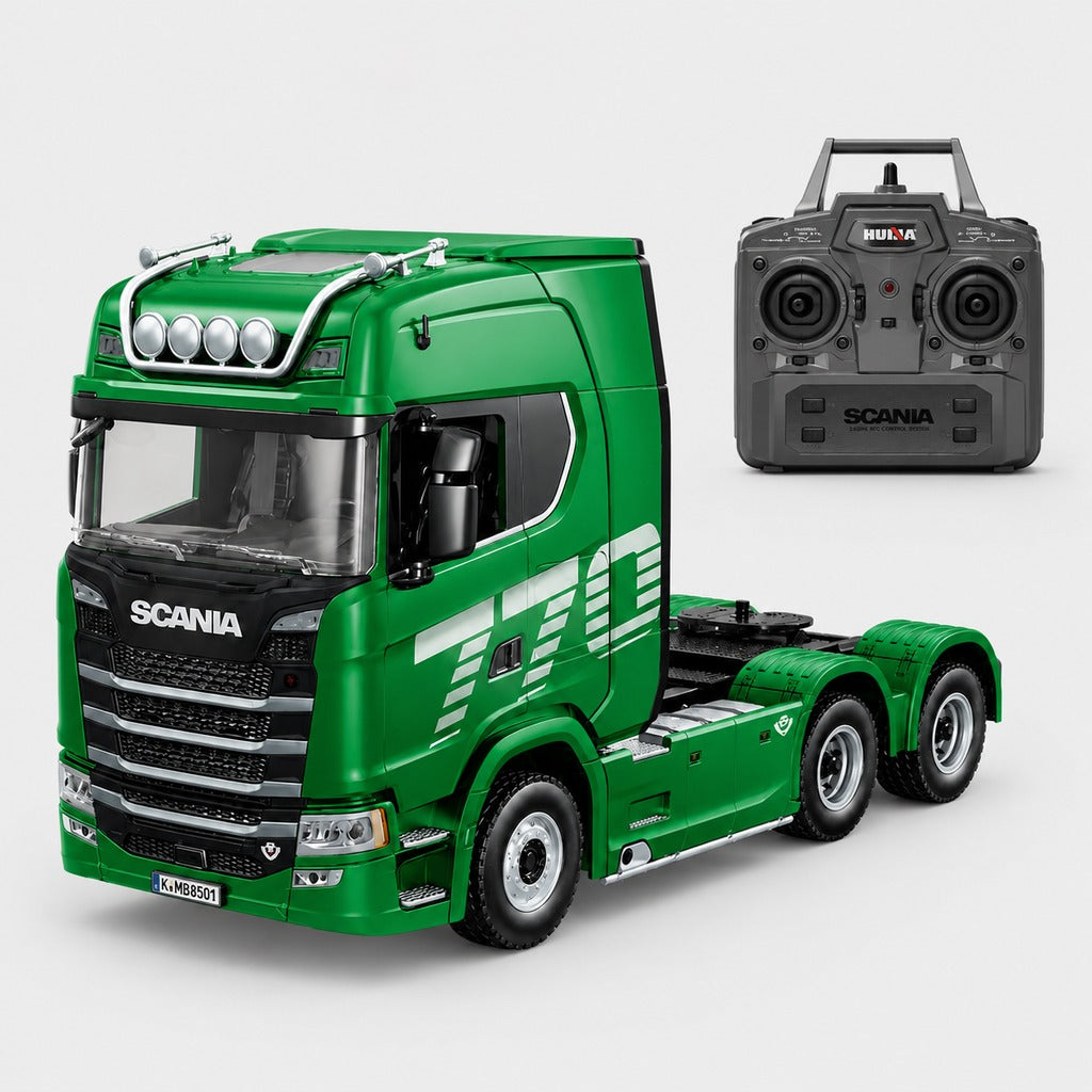 Huina 1501 Officially Licensed Scania 770S 1:18 Scale 19CH RC Tractor Truck with Huina 1502 Electric Flatbed Semi Trailer, 2.4GHz Full Proportional Remote Control, RTR, LED Lights & Sound