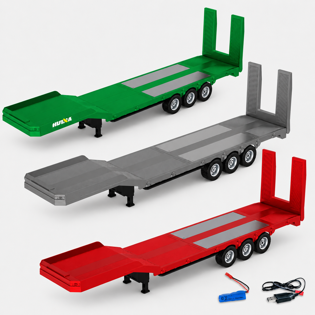 Huina 1502 Official - 1:18 Scale RC Flatbed Semi Trailer for Huina 1501 Scania 770S, 3-Axle Heavy Haul Trailer with Electric Landing Legs, Powered Tailboard & Rechargeable RTR Design