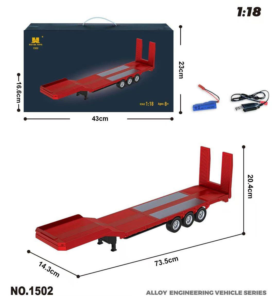 Huina 1502 Official - 1:18 Scale RC Flatbed Semi Trailer for Huina 1501 Scania 770S, 3-Axle Heavy Haul Trailer with Electric Landing Legs, Powered Tailboard & Rechargeable RTR Design