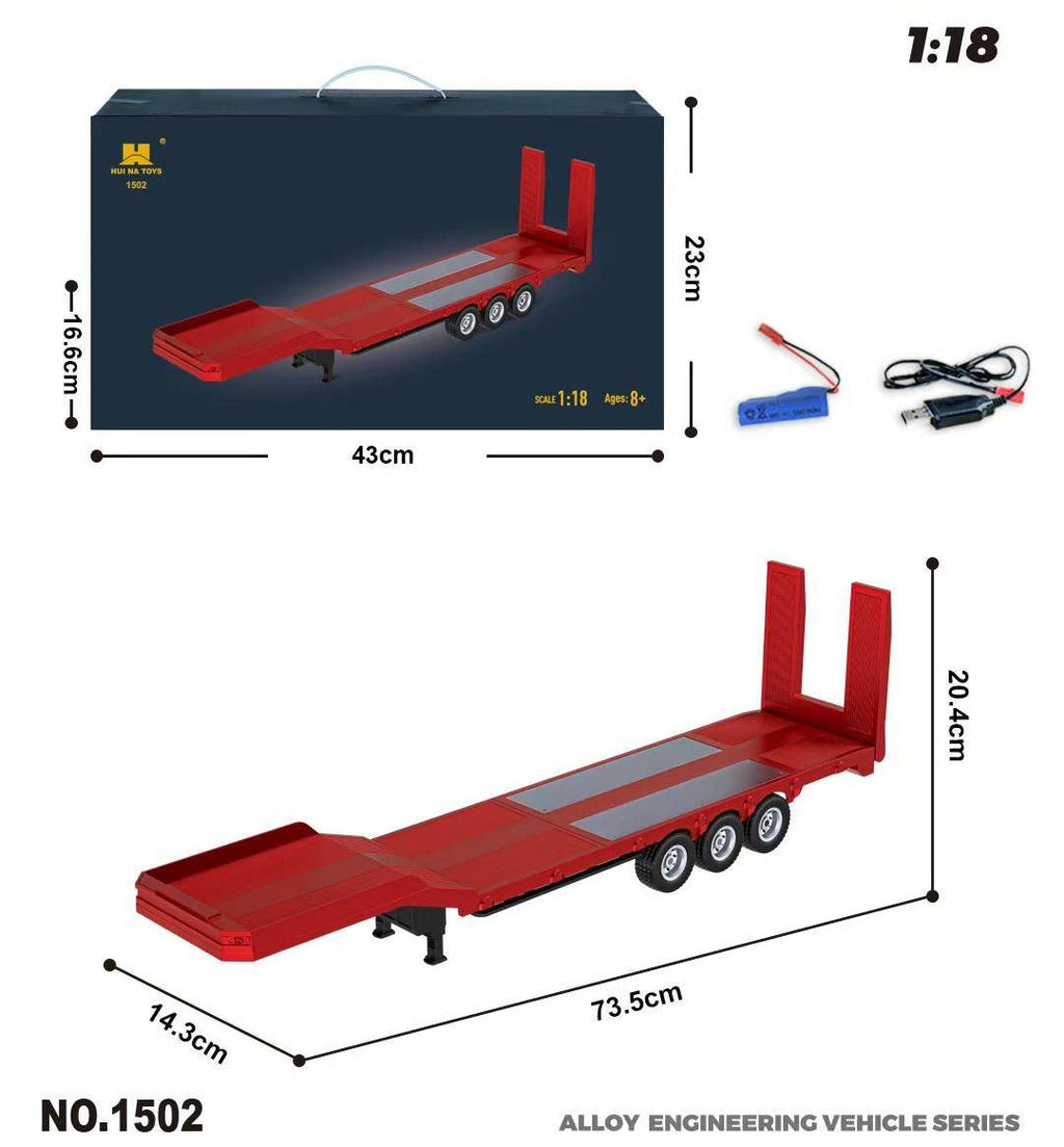 Huina 1502 Official - 1:18 Scale RC Flatbed Semi Trailer for Huina 1501 Scania 770S, 3-Axle Heavy Haul Trailer with Electric Landing Legs, Powered Tailboard & Rechargeable RTR Design