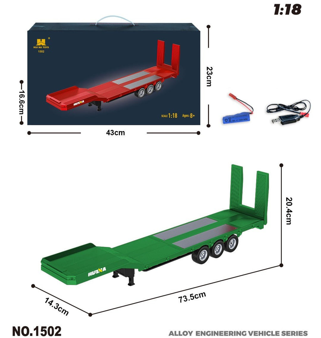 Huina 1502 Official - 1:18 Scale RC Flatbed Semi Trailer for Huina 1501 Scania 770S, 3-Axle Heavy Haul Trailer with Electric Landing Legs, Powered Tailboard & Rechargeable RTR Design