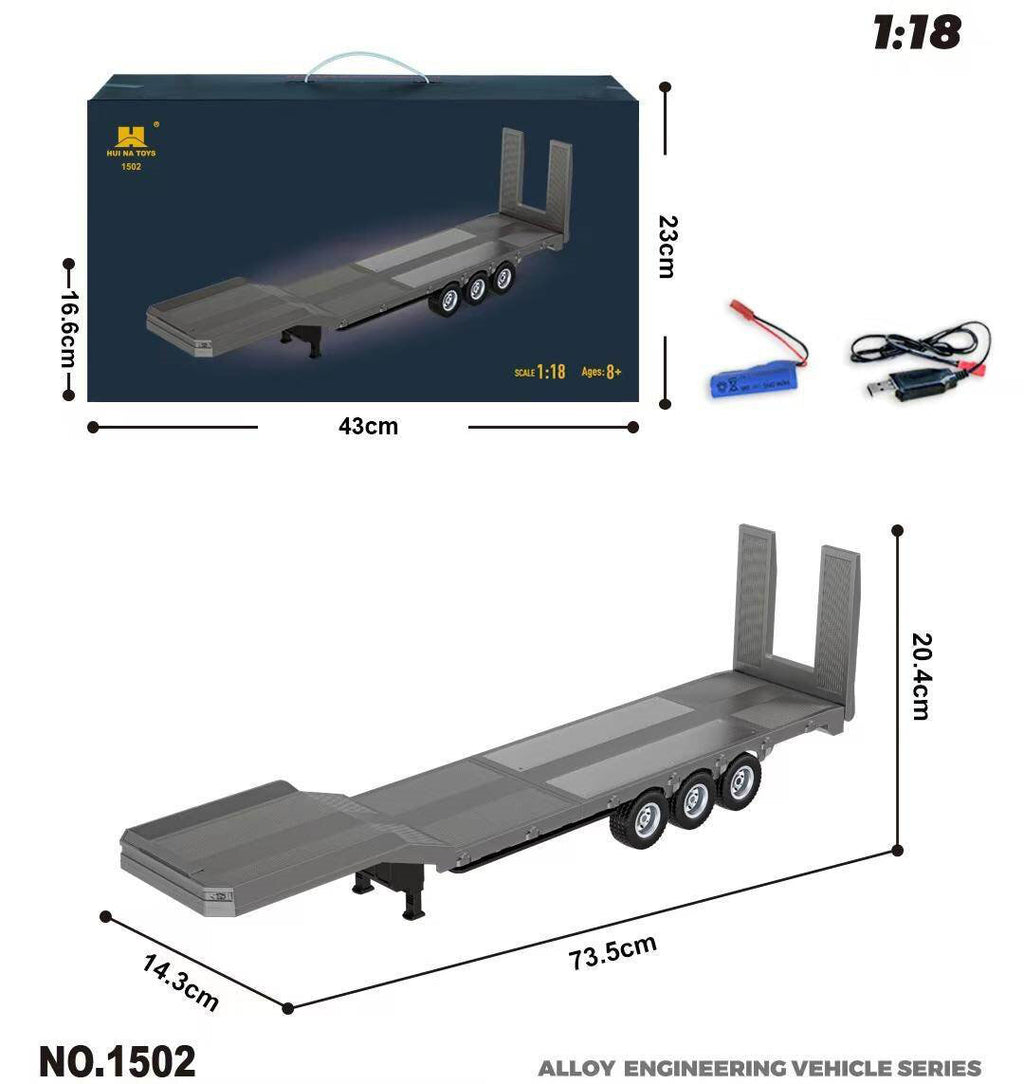 Huina 1502 Official - 1:18 Scale RC Flatbed Semi Trailer for Huina 1501 Scania 770S, 3-Axle Heavy Haul Trailer with Electric Landing Legs, Powered Tailboard & Rechargeable RTR Design