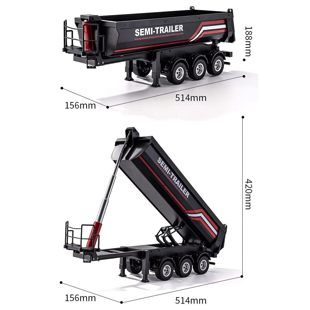 Huina 1509 - 1:18 Scale Official RC Electric Dump Semi Trailer for Huina 1501 Scania 770S, Alloy Construction, 2.4GHz Compatible, Electric Lifting Dump Bed, Rechargeable RTR Heavy Haul Trailer