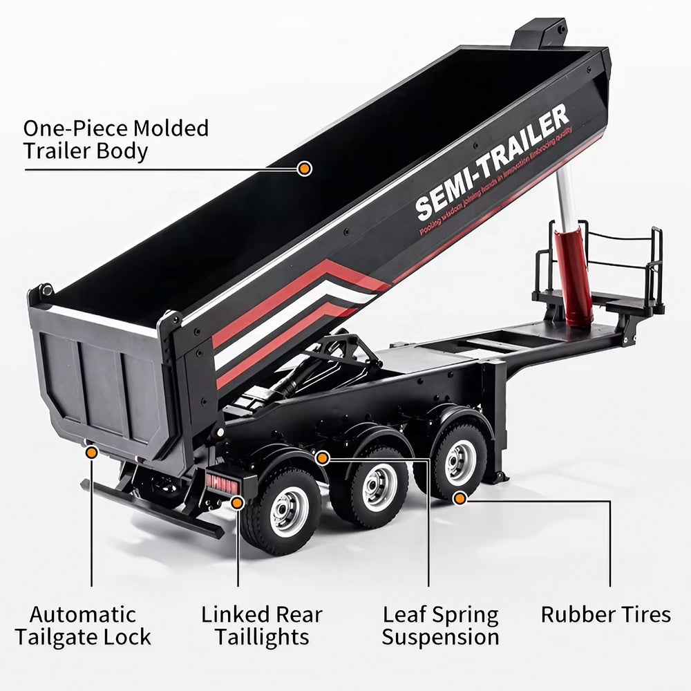 Huina 1509 - 1:18 Scale Official RC Electric Dump Semi Trailer for Huina 1501 Scania 770S, Alloy Construction, 2.4GHz Compatible, Electric Lifting Dump Bed, Rechargeable RTR Heavy Haul Trailer