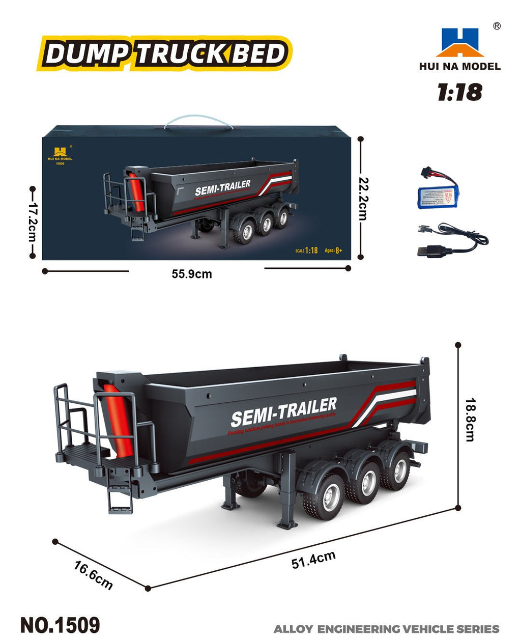 Huina 1509 - 1:18 Scale Official RC Electric Dump Semi Trailer for Huina 1501 Scania 770S, Alloy Construction, 2.4GHz Compatible, Electric Lifting Dump Bed, Rechargeable RTR Heavy Haul Trailer