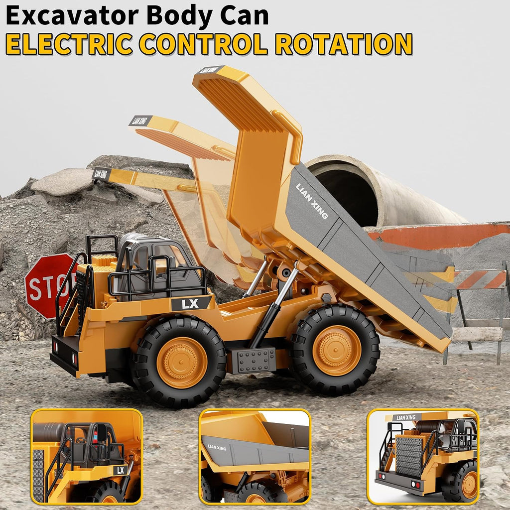 LIAN XING - 1:20 Scale Alloy RC Dump Truck, 9CH 2.4GHz Remote Control Construction Vehicle with Metal Dump Bed, Lights & Sounds, Rechargeable Engineering Truck for Kids 3+