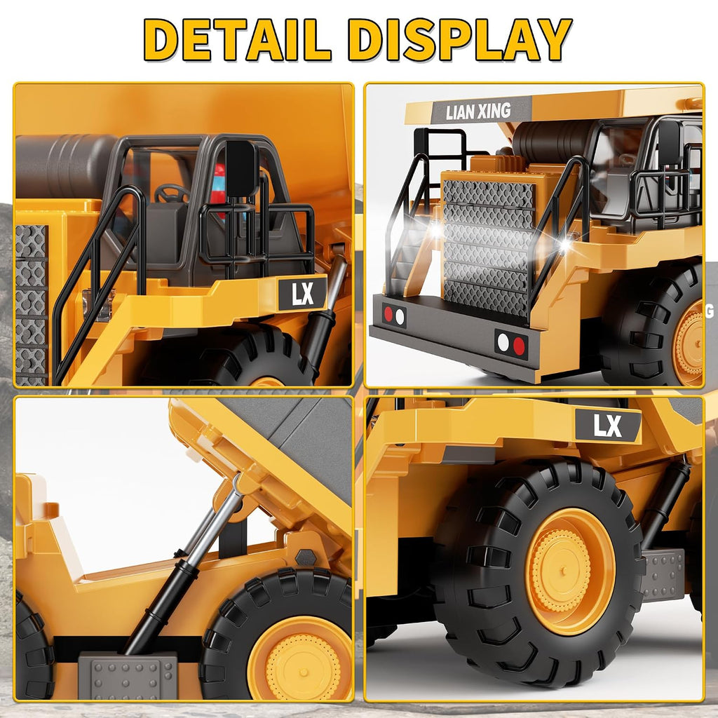 LIAN XING - 1:20 Scale Alloy RC Dump Truck, 9CH 2.4GHz Remote Control Construction Vehicle with Metal Dump Bed, Lights & Sounds, Rechargeable Engineering Truck for Kids 3+