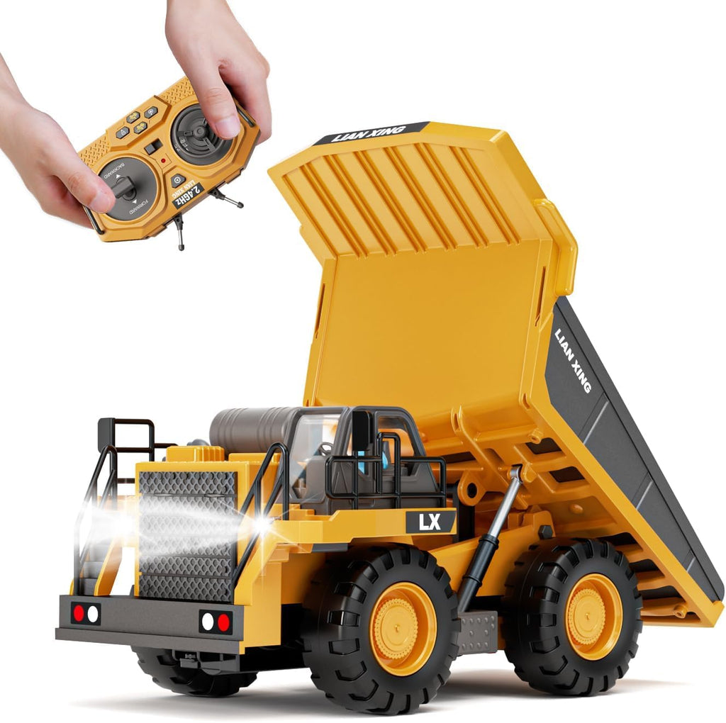 LIAN XING - 1:20 Scale Alloy RC Dump Truck, 9CH 2.4GHz Remote Control Construction Vehicle with Metal Dump Bed, Lights & Sounds, Rechargeable Engineering Truck for Kids 3+