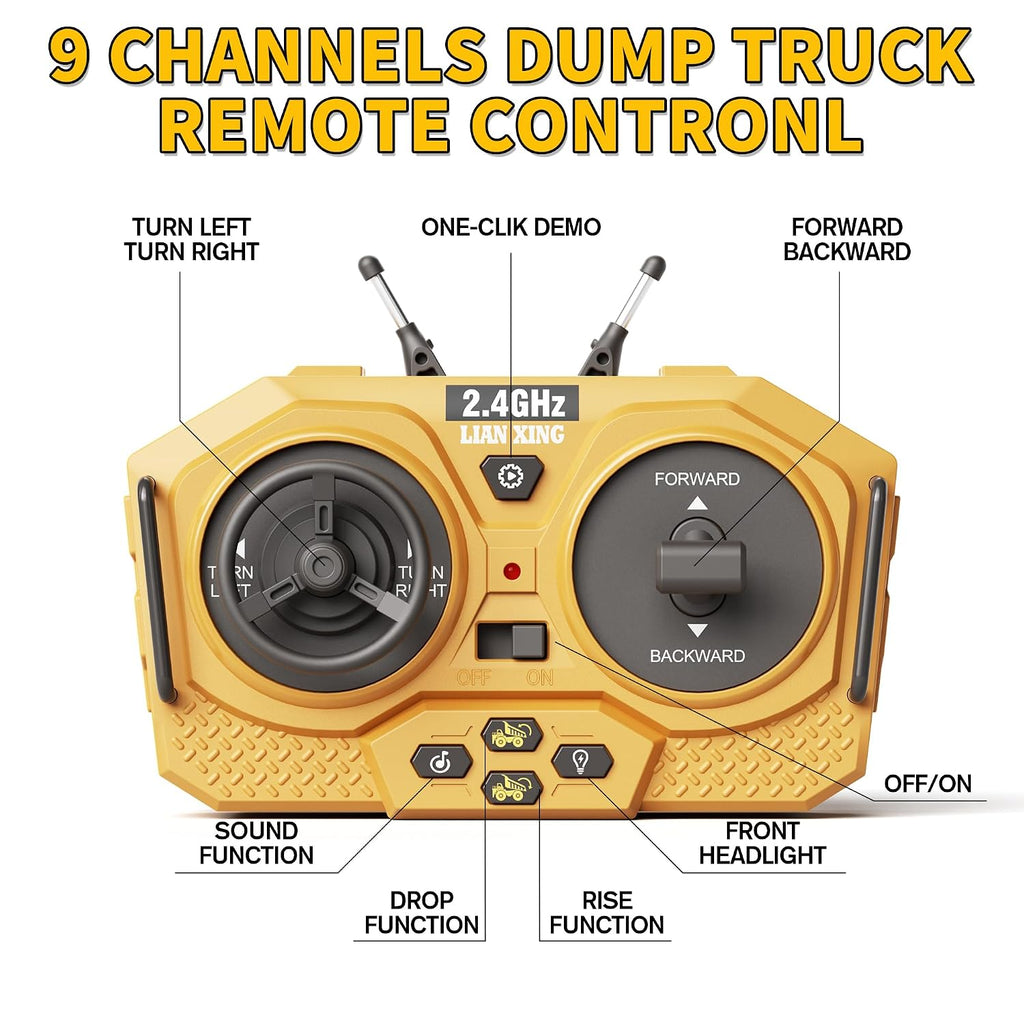 LIAN XING - 1:20 Scale Alloy RC Dump Truck, 9CH 2.4GHz Remote Control Construction Vehicle with Metal Dump Bed, Lights & Sounds, Rechargeable Engineering Truck for Kids 3+