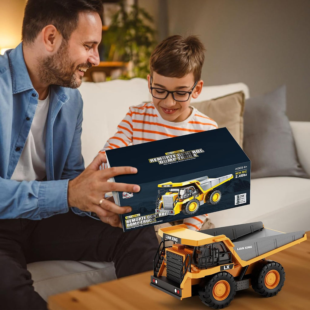 LIAN XING - 1:20 Scale Alloy RC Dump Truck, 9CH 2.4GHz Remote Control Construction Vehicle with Metal Dump Bed, Lights & Sounds, Rechargeable Engineering Truck for Kids 3+