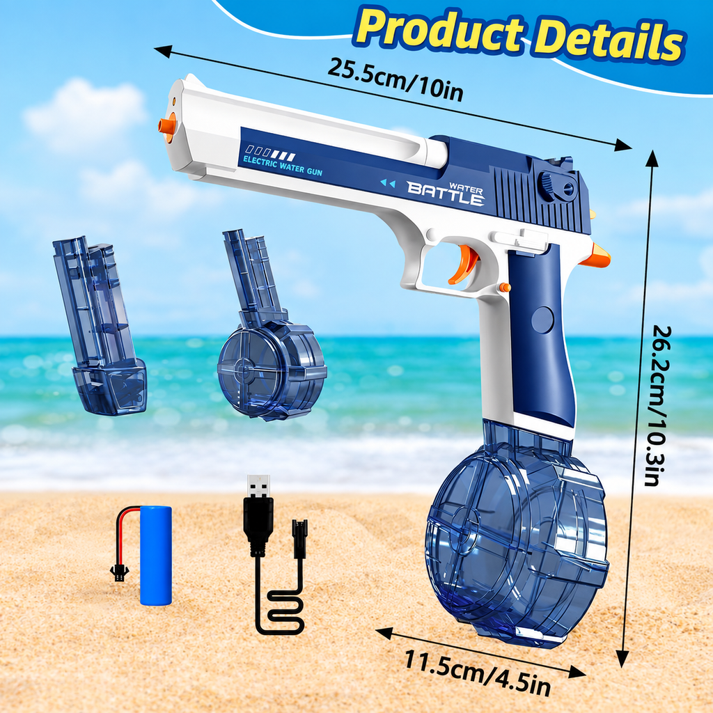 Electric Water Gun 434CC High-Capacity Rechargeable Water Blaster with Drum & Stick Magazines, LED Light, One-Touch Tank Release, Waterproof Design for Kids & Outdoor Fun - CY040