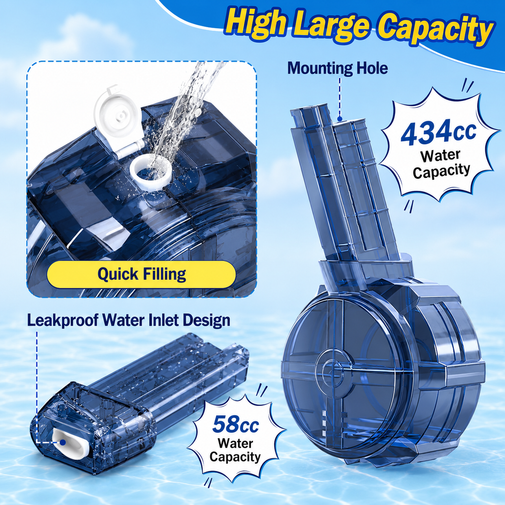 Electric Water Gun 434CC High-Capacity Rechargeable Water Blaster with Drum & Stick Magazines, LED Light, One-Touch Tank Release, Waterproof Design for Kids & Outdoor Fun - CY040