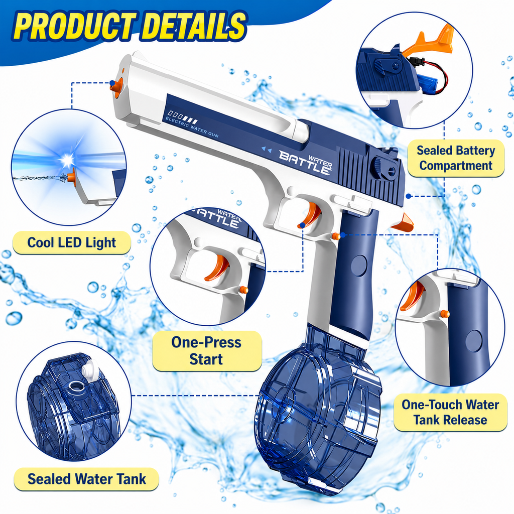 Electric Water Gun 434CC High-Capacity Rechargeable Water Blaster with Drum & Stick Magazines, LED Light, One-Touch Tank Release, Waterproof Design for Kids & Outdoor Fun - CY040
