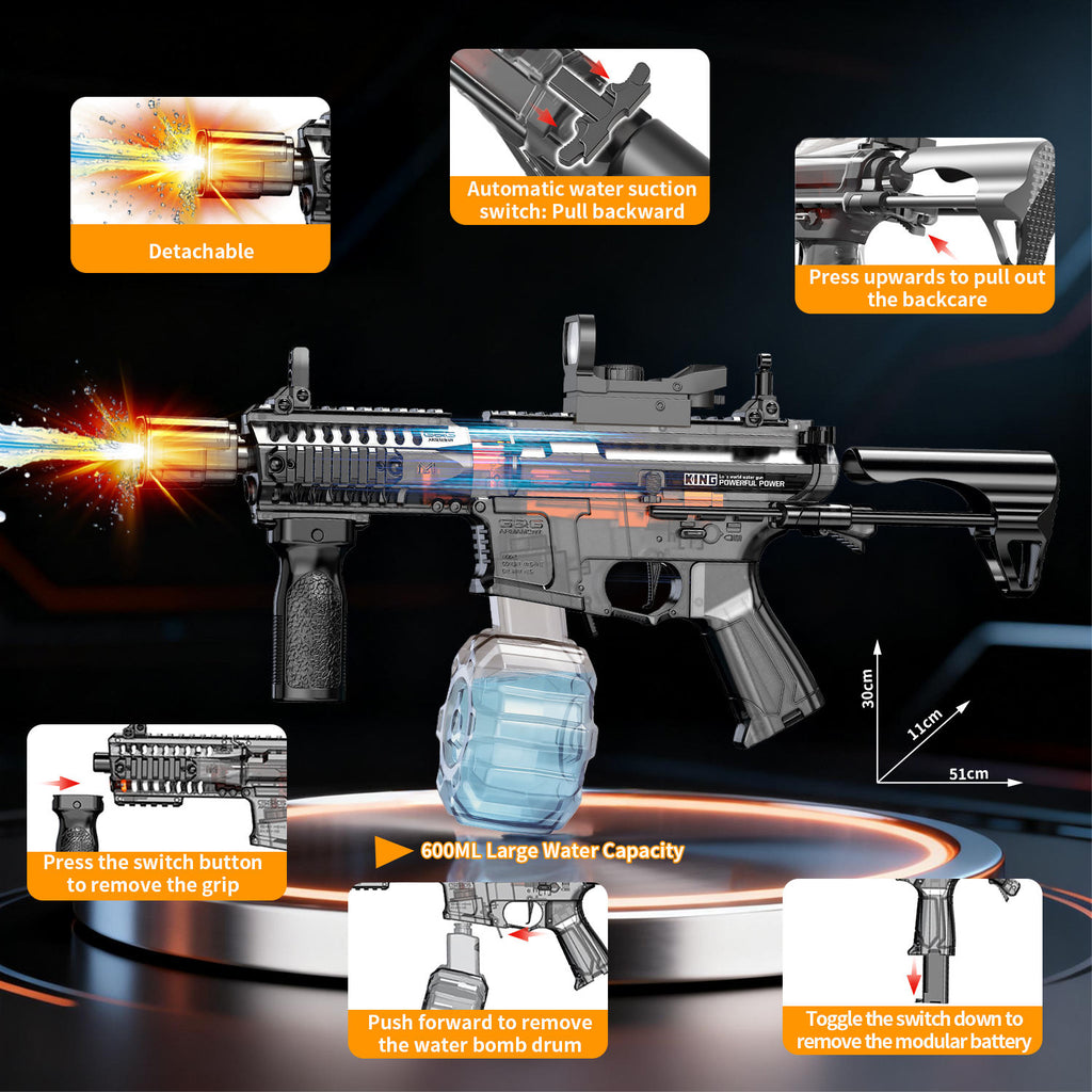 ARPG Electric Water Gun with 600ml Water Tank, 800mAh Rechargeable Battery, Flashing Muzzle & Scope, Automatic Water Blaster Toy with Modular Accessories for Outdoor Water Battles