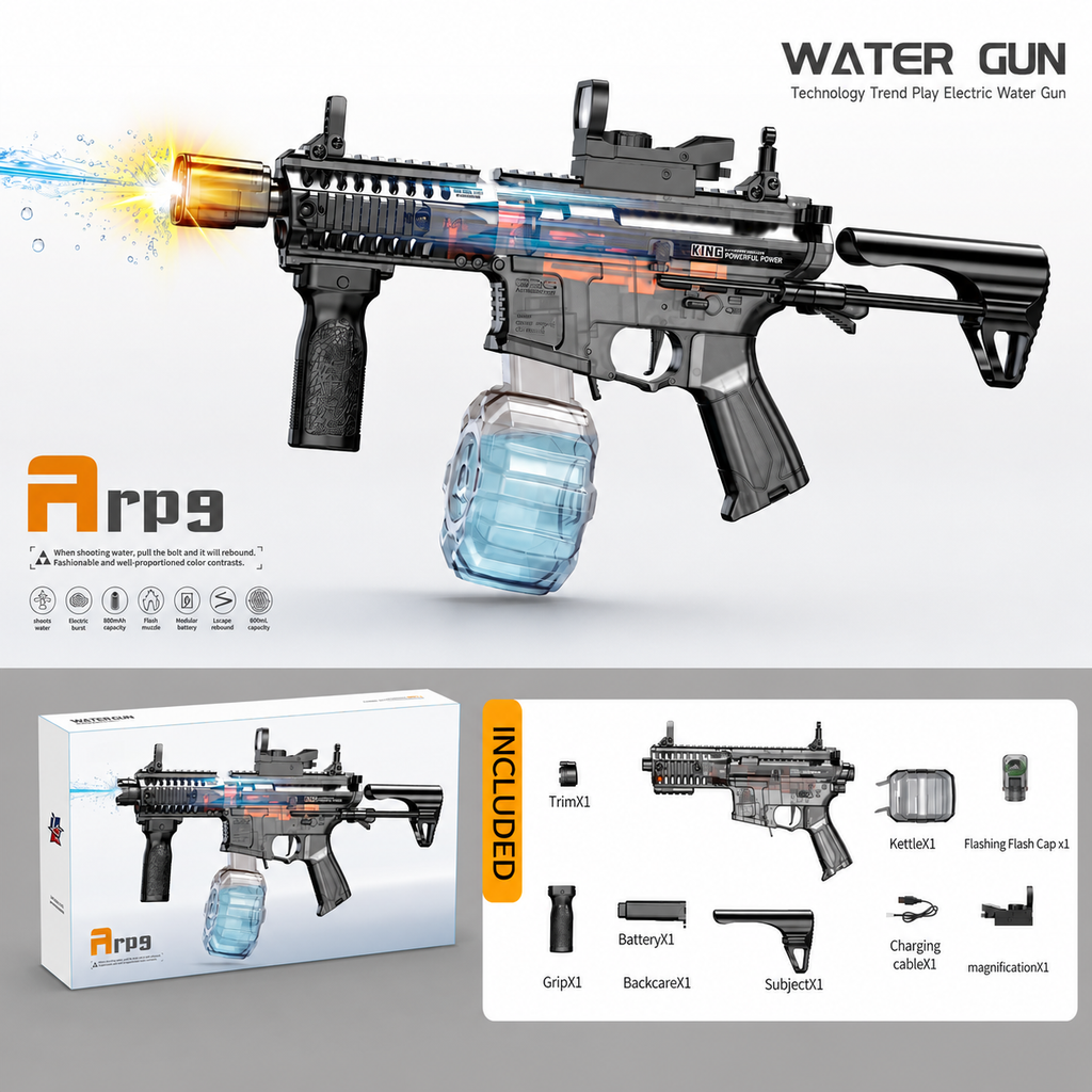 ARPG Electric Water Gun with 600ml Water Tank, 800mAh Rechargeable Battery, Flashing Muzzle & Scope, Automatic Water Blaster Toy with Modular Accessories for Outdoor Water Battles
