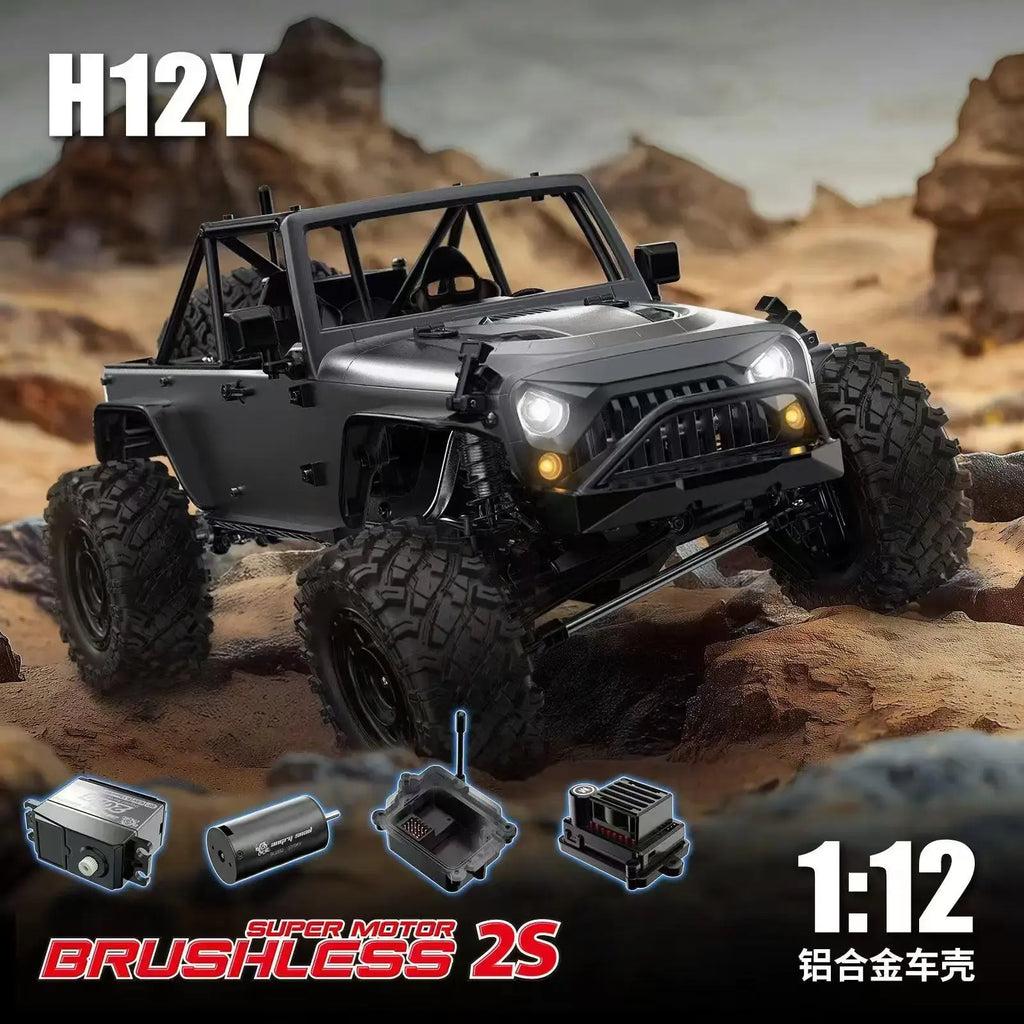 MJX Hyper GO H12Y - 1:12 4WD Brushless RC Crawler, 3650 3500KV Motor, 45A Waterproof ESC, Aluminum Alloy Body Shell, 20KG Metal Gear Servo, Oil-Filled Shocks, 2.4GHz 4CH Radio