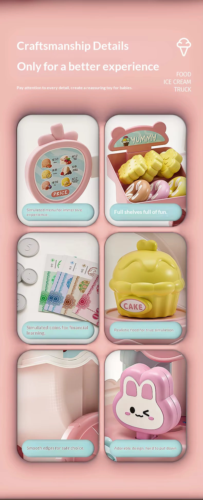 Ice Cream Cart Trolley Toys Children Pretend Play Toys Dessert Trolley Ice Cream Shop Toys for Kids (Pink) description image 1