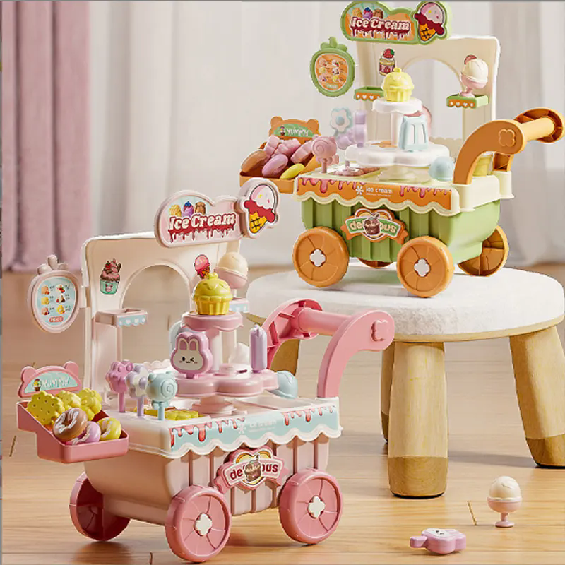 Ice Cream Cart Trolley Toys Children Pretend Play Toys Dessert Trolley Ice Cream Shop Toys for Kids (Pink)