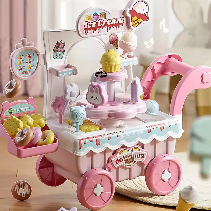 Ice Cream Cart Trolley Toys Children Pretend Play Toys Dessert Trolley Ice Cream Shop Toys for Kids (Pink)