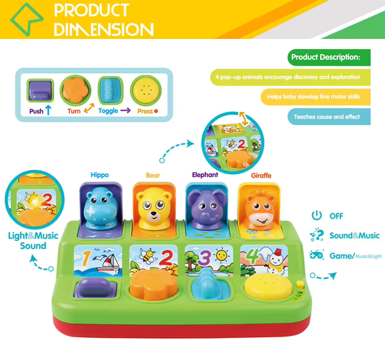 Baby Pop up Animals Toy Cause and Effect Learning Toy Children Interactive Pop-up Machine Activity Toy with Light Music description image 1