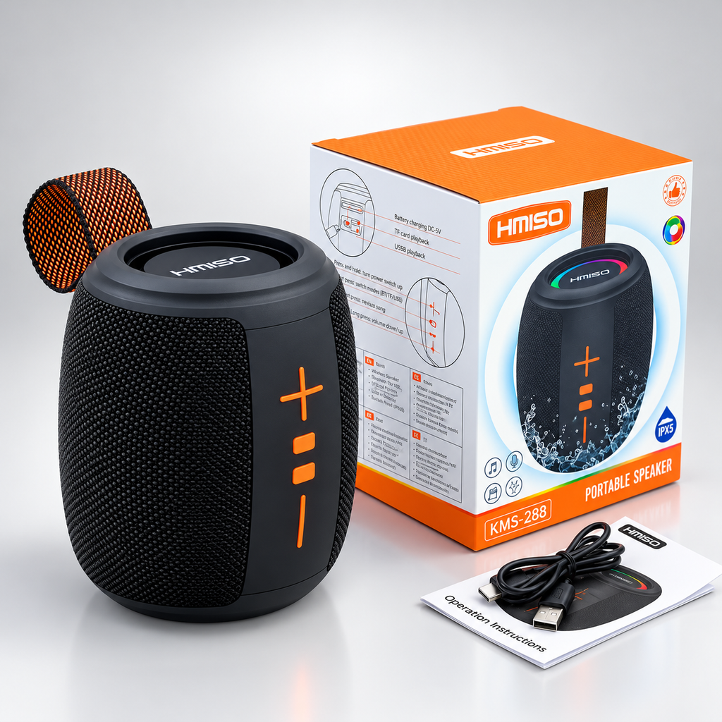 KMS-288 Portable Bluetooth Speaker, 5W Wireless Rechargeable Speaker with Bluetooth 5.0, 10m Range, Fabric Mesh Grille, Physical Controls, Carrying Strap and USB Charging Cable for Home, Office and Travel