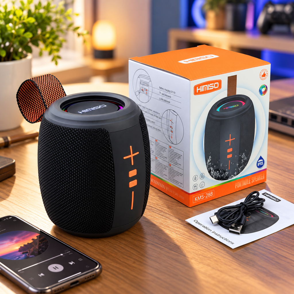KMS-288 Portable Bluetooth Speaker, 5W Wireless Rechargeable Speaker with Bluetooth 5.0, 10m Range, Fabric Mesh Grille, Physical Controls, Carrying Strap and USB Charging Cable for Home, Office and Travel