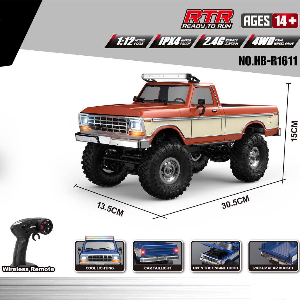 HB R1611 - 1:16 Scale 4WD RC Off-Road Crawler Truck, 2.4GHz Full Proportional Remote Control, IPX4 Water Resistant, LED Lights, RTR All-Terrain Climbing Vehicle