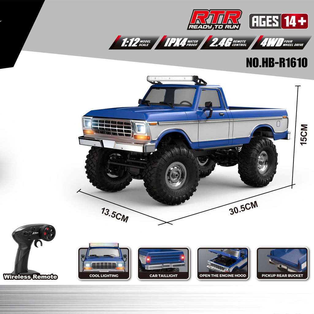 HB R1611 - 1:16 Scale 4WD RC Off-Road Crawler Truck, 2.4GHz Full Proportional Remote Control, IPX4 Water Resistant, LED Lights, RTR All-Terrain Climbing Vehicle