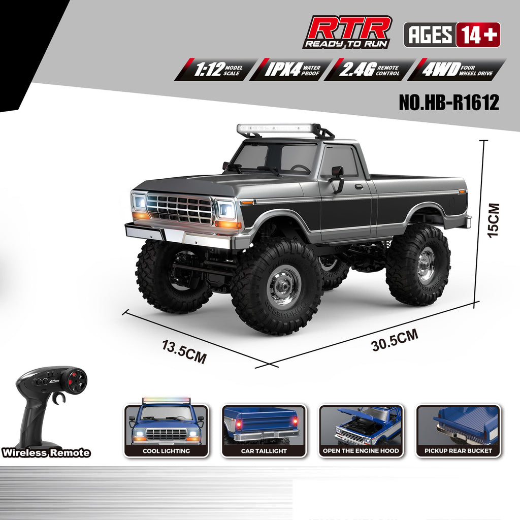 HB R1611 - 1:16 Scale 4WD RC Off-Road Crawler Truck, 2.4GHz Full Proportional Remote Control, IPX4 Water Resistant, LED Lights, RTR All-Terrain Climbing Vehicle