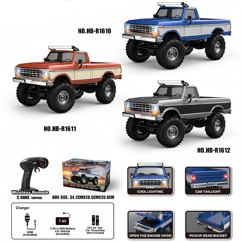 HB R1611 - 1:16 Scale 4WD RC Off-Road Crawler Truck, 2.4GHz Full Proportional Remote Control, IPX4 Water Resistant, LED Lights, RTR All-Terrain Climbing Vehicle
