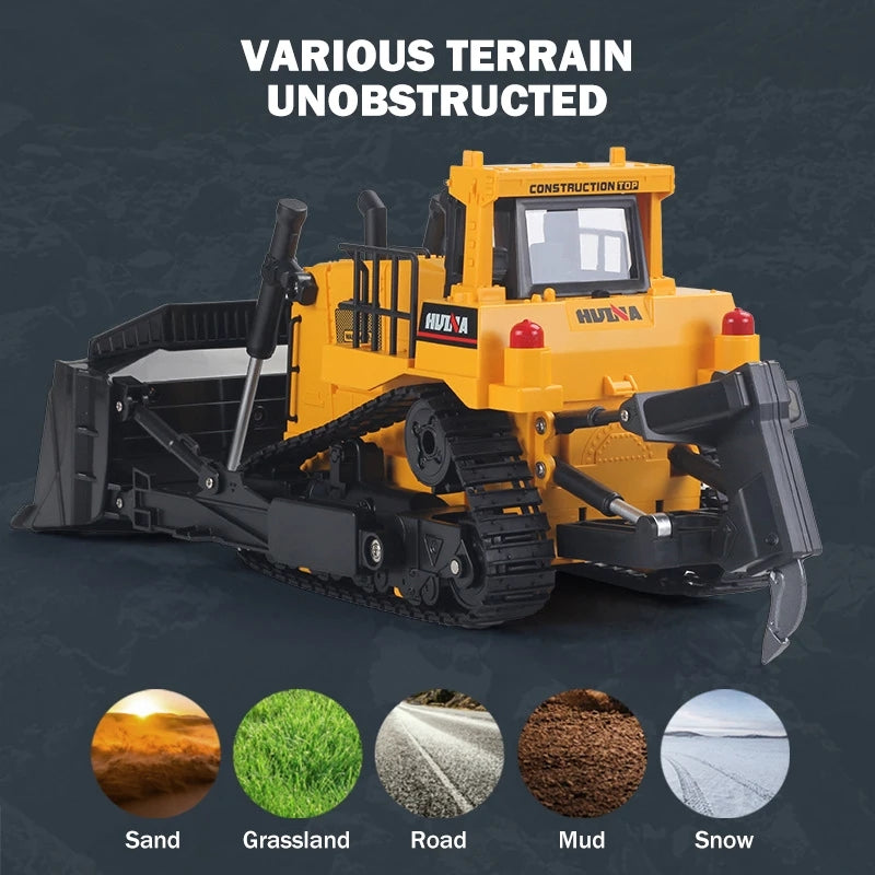 Huina 1554 - 1:16 11CH RC Bulldozer, Semi-Alloy Tracked Earthmover with 2.4GHz Remote Control, Motorized Metal Blade, Rear Ripper, LED Lights, Sound Effects, Rechargeable 3.7V 900mAh Battery
