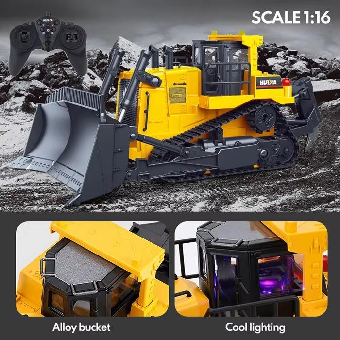 Huina 1554 - 1:16 11CH RC Bulldozer, Semi-Alloy Tracked Earthmover with 2.4GHz Remote Control, Motorized Metal Blade, Rear Ripper, LED Lights, Sound Effects, Rechargeable 3.7V 900mAh Battery