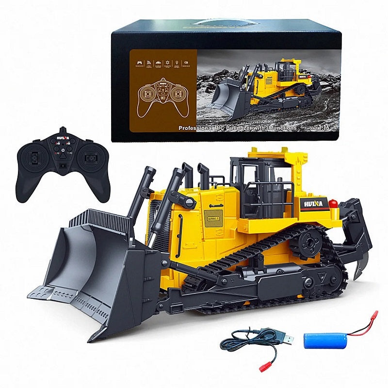 Huina 1554 - 1:16 11CH RC Bulldozer, Semi-Alloy Tracked Earthmover with 2.4GHz Remote Control, Motorized Metal Blade, Rear Ripper, LED Lights, Sound Effects, Rechargeable 3.7V 900mAh Battery