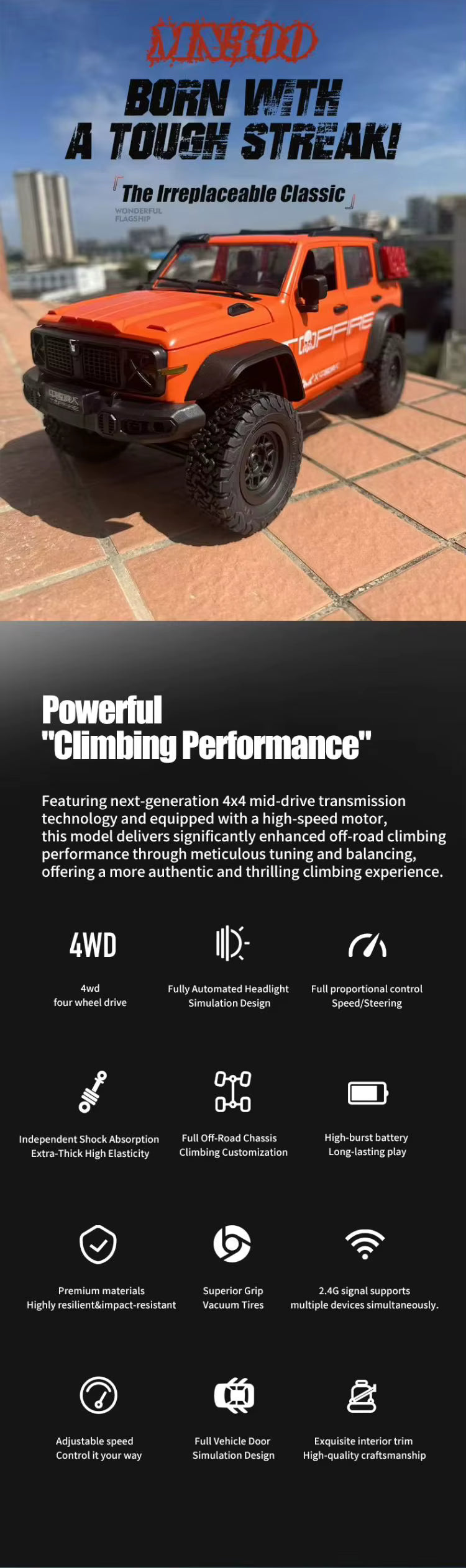 MN-300 1/12 RC Climbing Vehicle 2.4G 4WD Cross-country Buggy Model SUV Racing Off-Road Car with Lights description image 1