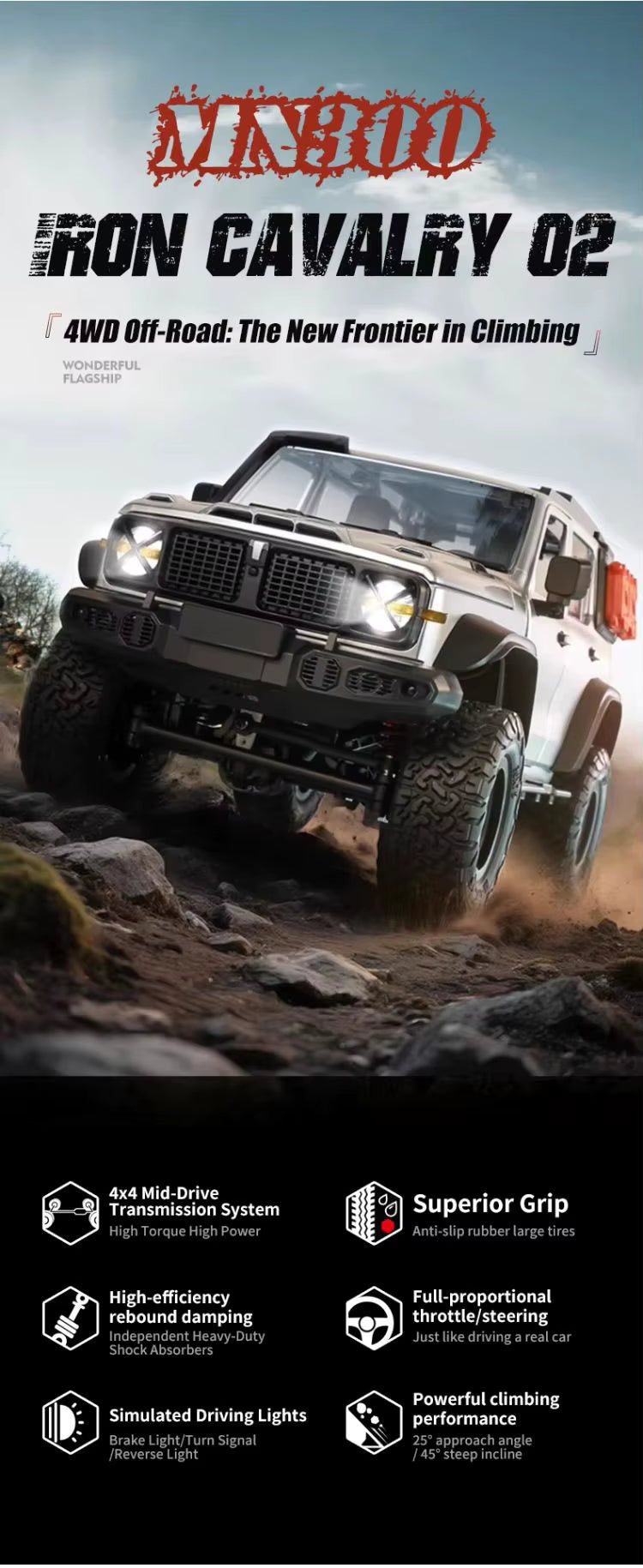 MN-300 1/12 RC Climbing Vehicle 2.4G 4WD Cross-country Buggy Model SUV Racing Off-Road Car with Lights description image 3