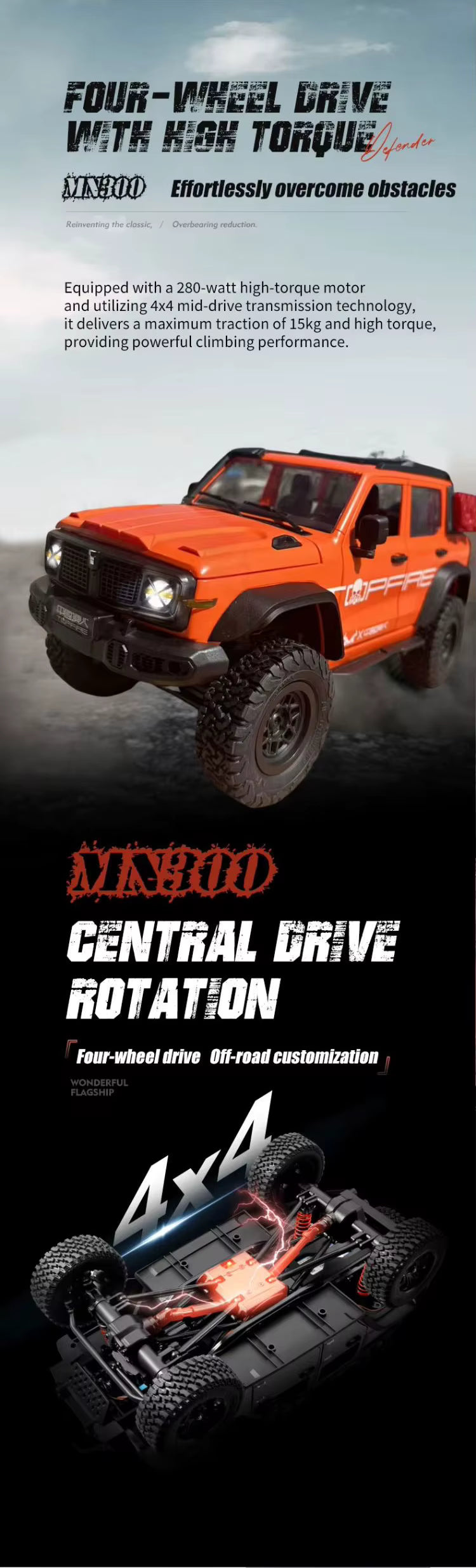 MN-300 1/12 RC Climbing Vehicle 2.4G 4WD Cross-country Buggy Model SUV Racing Off-Road Car with Lights description image 5