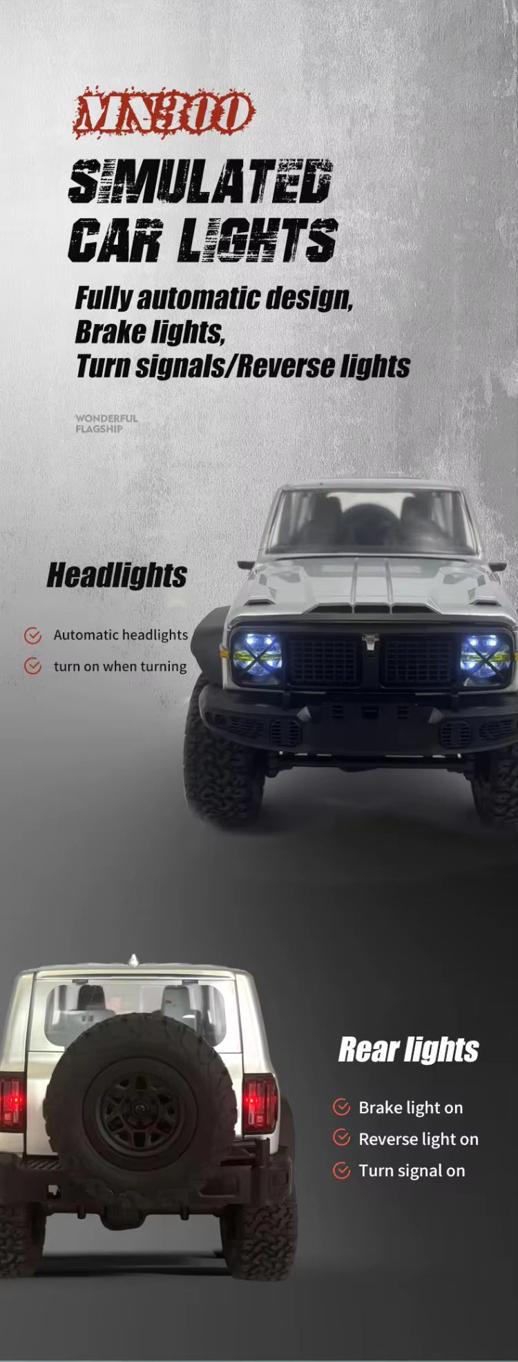 MN-300 1/12 RC Climbing Vehicle 2.4G 4WD Cross-country Buggy Model SUV Racing Off-Road Car with Lights description image 6