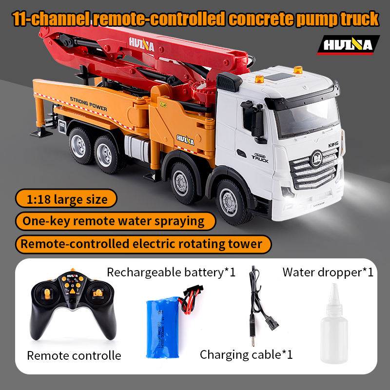 Huina 1381 - 1:18 11CH RC Concrete Pump Truck, 2.4GHz Remote-Control Construction Vehicle with Rotating Pump Arm, One-Key Water Spray, LED Lights, Sound Effects, Rechargeable Battery Included