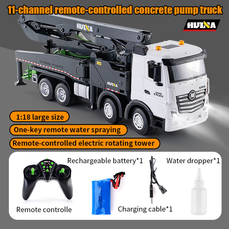 Huina 1381 - 1:18 11CH RC Concrete Pump Truck, 2.4GHz Remote-Control Construction Vehicle with Rotating Pump Arm, One-Key Water Spray, LED Lights, Sound Effects, Rechargeable Battery Included