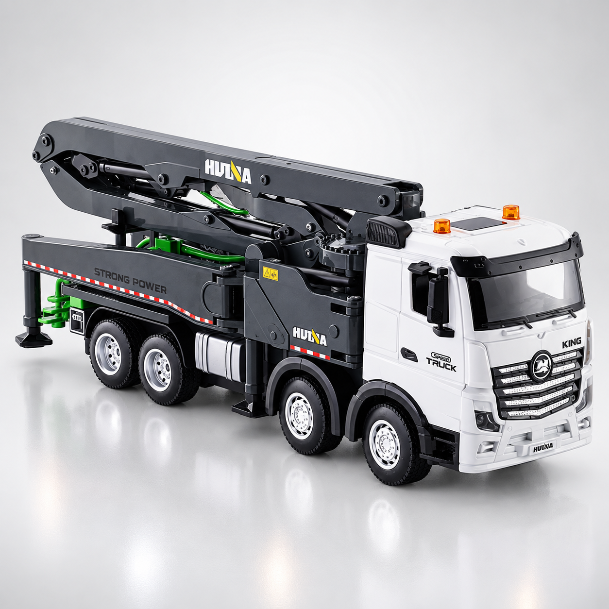 Huina 1381 1:18 Scale 11CH RC Concrete Pump Truck, 2.4GHz Remote Control Construction Vehicle with Rotating Grouting Arm, Water Spray Function, LED Lights, Sound Effects & Rechargeable Battery