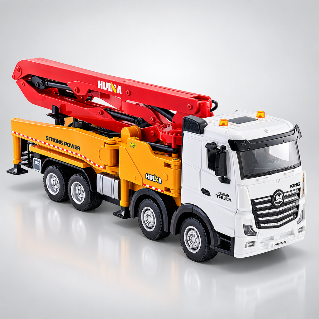 Huina 1381 1:18 Scale 11CH RC Concrete Pump Truck, 2.4GHz Remote Control Construction Vehicle with Rotating Grouting Arm, Water Spray Function, LED Lights, Sound Effects & Rechargeable Battery