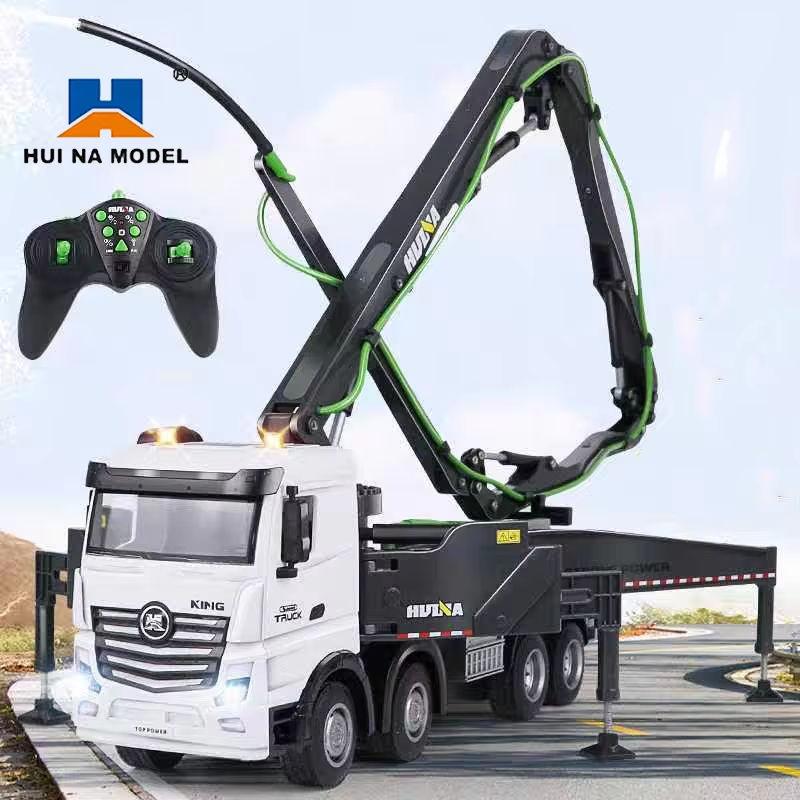 Huina 1381 1:18 Scale 11CH RC Concrete Pump Truck, 2.4GHz Remote Control Construction Vehicle with Rotating Grouting Arm, Water Spray Function, LED Lights, Sound Effects & Rechargeable Battery