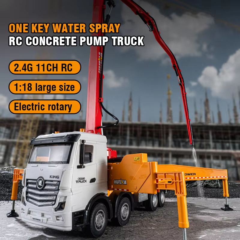 Huina 1381 - 1:18 11CH RC Concrete Pump Truck, 2.4GHz Remote-Control Construction Vehicle with Rotating Pump Arm, One-Key Water Spray, LED Lights, Sound Effects, Rechargeable Battery Included