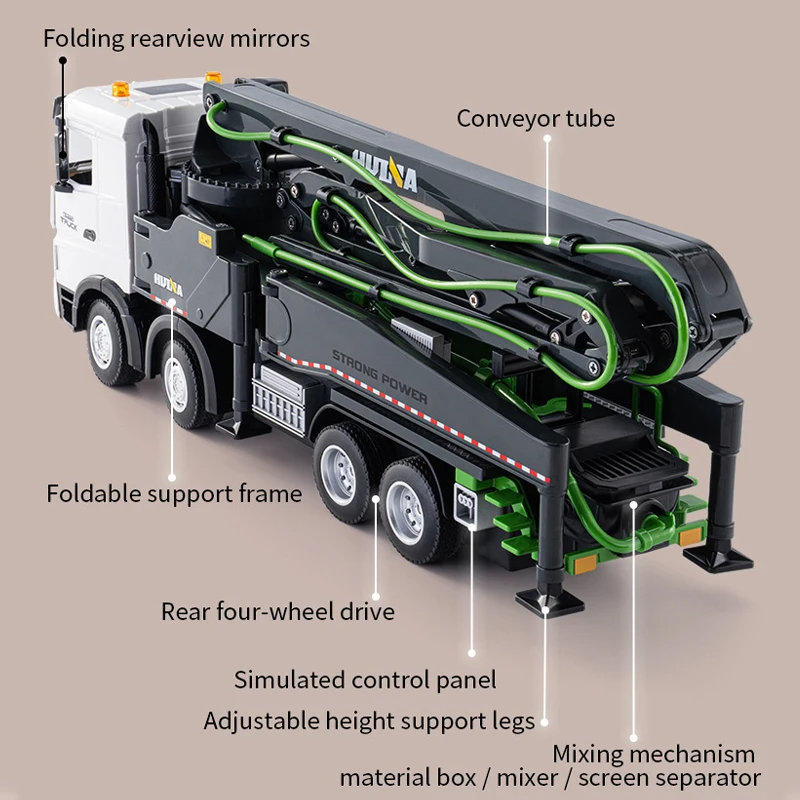Huina 1381 - 1:18 11CH RC Concrete Pump Truck, 2.4GHz Remote-Control Construction Vehicle with Rotating Pump Arm, One-Key Water Spray, LED Lights, Sound Effects, Rechargeable Battery Included